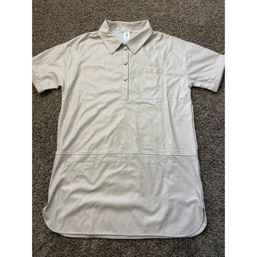 TCEC Faux Leather Polo Shirt Dress Cream Womens Size Medium